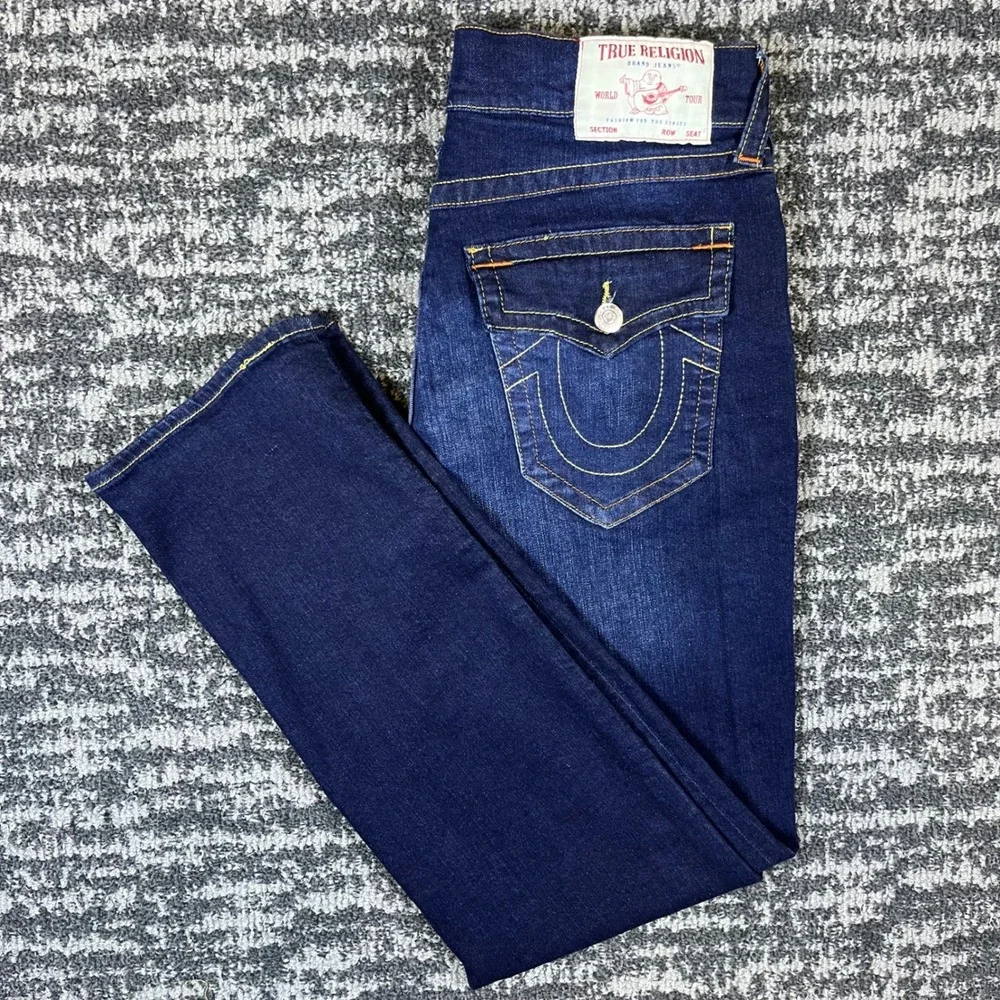 True Religion Ricky Relaxed Straight Jeans Mens 34 Dark Wash Flap Pocket Indigo